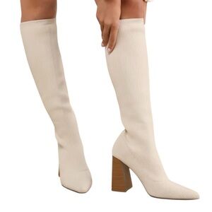 Lulus Zolla Almond Ribbed Knit Pointed-Toe Knee-High Sock Boots Size 10 NIB